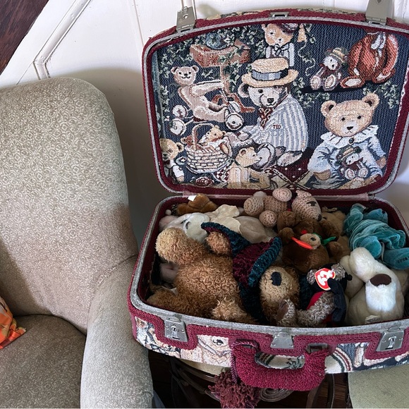 Tapestry Suitcase with Teddy Bear Design includes bears inside